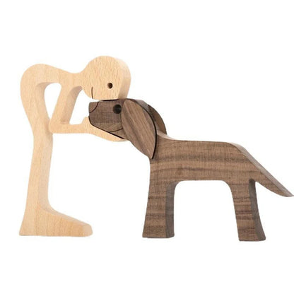 Cute Wood Dog Human Statue Craft Figurine Desktop Table Ornament Carving Model Home Room Decoration Pet Sculpture Christmas Gift