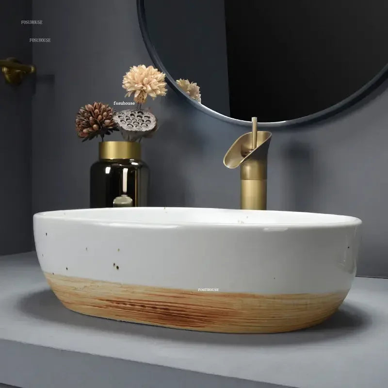 European Ceramic Bathroom Sinks Hotel Homestay Bathroom Washbasin Simple Countertop Home Oval Washbasin Creative Washing Sink X