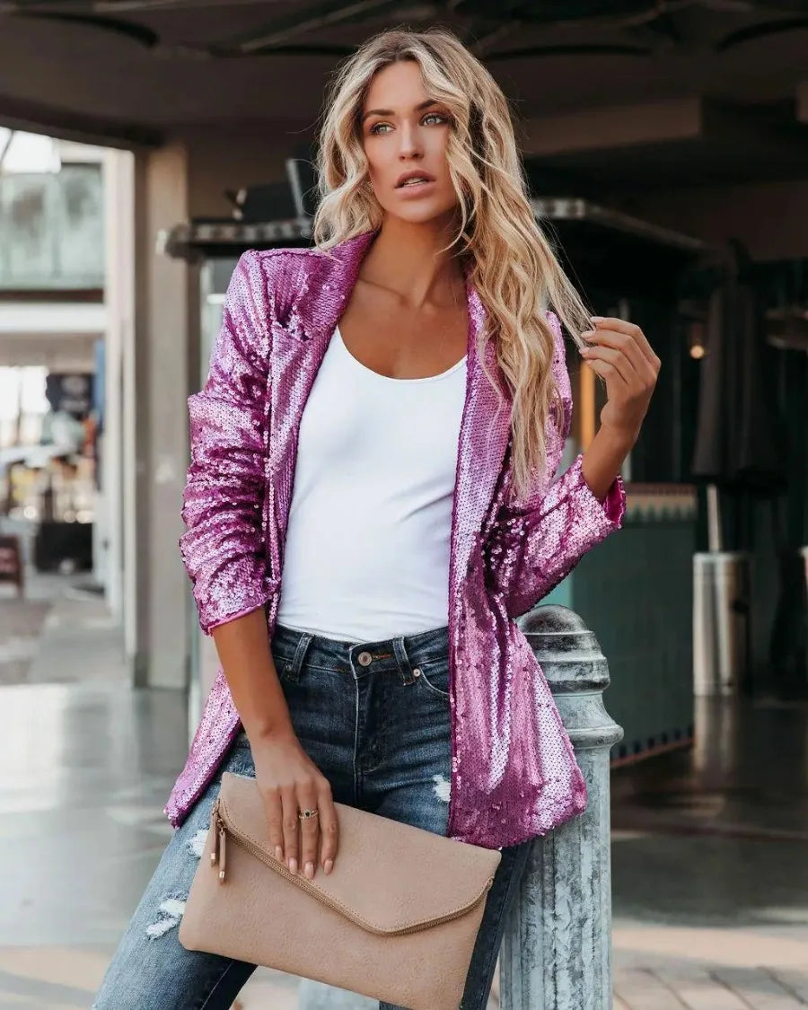 New Fashion Sequins Blazers Women's Suit Jacket Casual Long Sleeve Glitter Suits Party Wear Shiny Lapel Coat Rave Outerwear