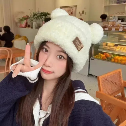 Cute Winter Plush Beanie Cap for Women Cartoon Bear Ear Knitted Wool Hat Female Girls Solid Color Thicken Lamb Fleece Hats