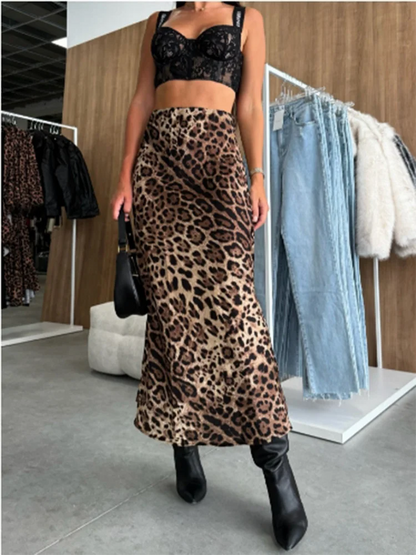 Women's High Waisted Long Skirt Personality Leopard Printed Dress Street Dating Elegant Autumn Dress