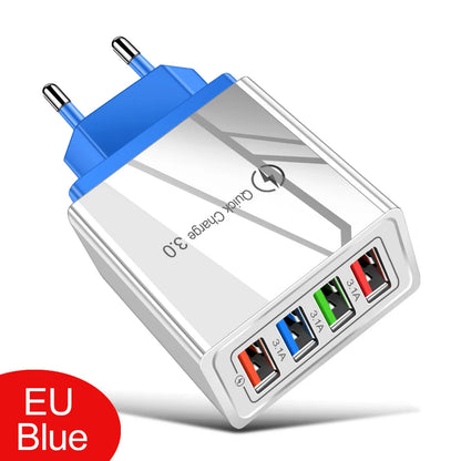 4 Ports USB Charger Quick Charge 3.0 Wall Charger Fast Charging For iPhone 15 14 Samsung Xiaomi EU/US Plug Phone Charger Adapter