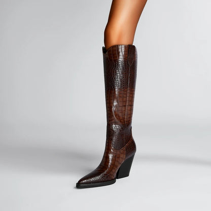 Kaky's new pointed thick heeled oversized women's boots, high boots, long boots, western boots