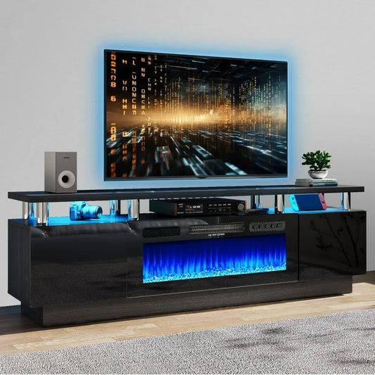 70" Modern Electric Fireplace TV Stand for TVs Up to 80 inch, with Electronic Flame and LED Lights, Luxury High Gloss Finish