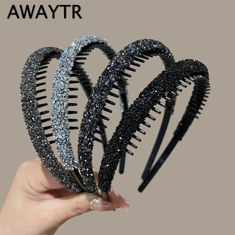 AWAYTR Luxury Non-slip Rhinestone Hair Hoops Bands Women Tooth Elastic Headbands For Women Shiny Hair Hoops Bezel Accessories