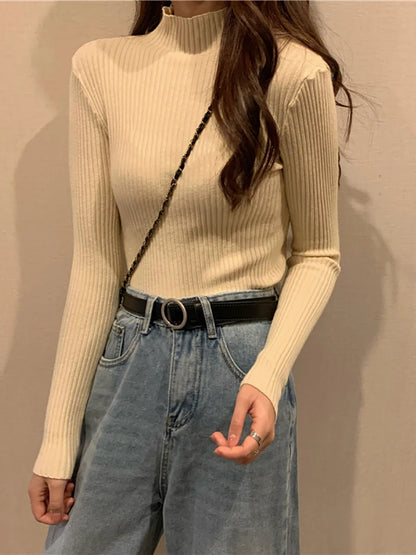 Autumn Winter Knitted Sweater Women Pullovers Korean Turtleneck Long Sleeve Pullover Female Jumper Green Knitwear Chic Jumpers