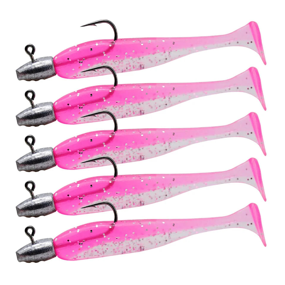 5Pcs/Lot T-tail Soft Fishing Bait Matched With Jig Head Hooks Artificial Wobblers Swimbait Fishing Tackles For Bass Pike Pesca