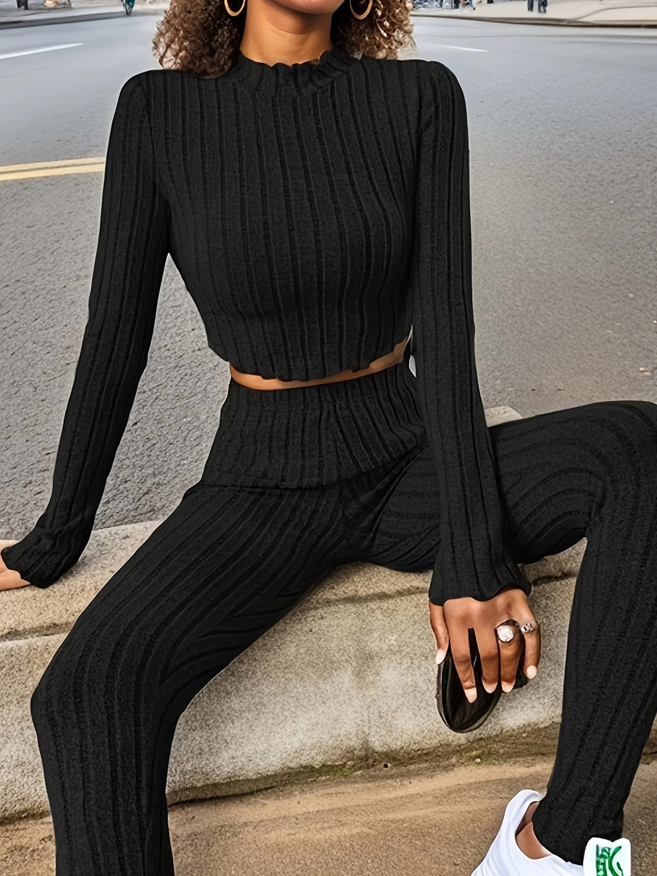 Casual Ribbed Two-piece Set, Lettuce Trim Mock Neck Long Sleeve Top & Elastic Waist Pants Outfits Women's Clothing