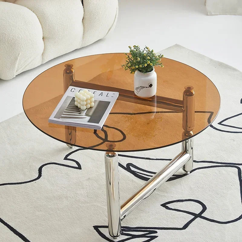 Tempered Glass Circular Coffee Table,Anti Slip Transparent Coffee Table in Stock, Home Living Room Small Tea Table Design