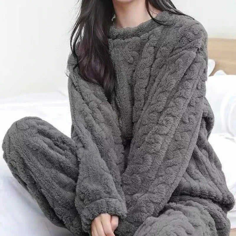 Women Warm 2 Piece Sets Thicken Velvet Ribbed Fleece Set Pullover and Pants Casual Pajama Sets Women Autumn Winter 2023