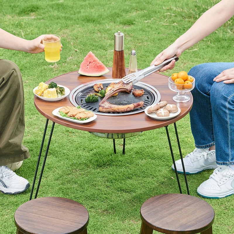 Folding Barbecue Round Table Wood Stove Portable Camping BBQ Charcoal Grill Lightweight Brazier Table Picnic Patio Tea Boiling