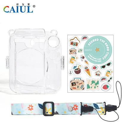 For Fujifilm Instax Mini 12 PC Transparent Camera Case Protection Cover Shoulder Strap Storage Bag Strap Sticker Three-Piece Set