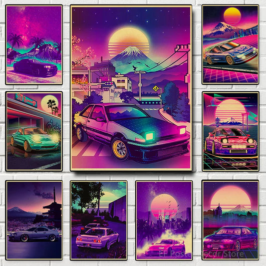 Nostalgic Printing  JDM Car Poster Harajuku Kraft Paper Prints Vintage Club Home Room Bedroom Art Wall Decoration Retro Painting