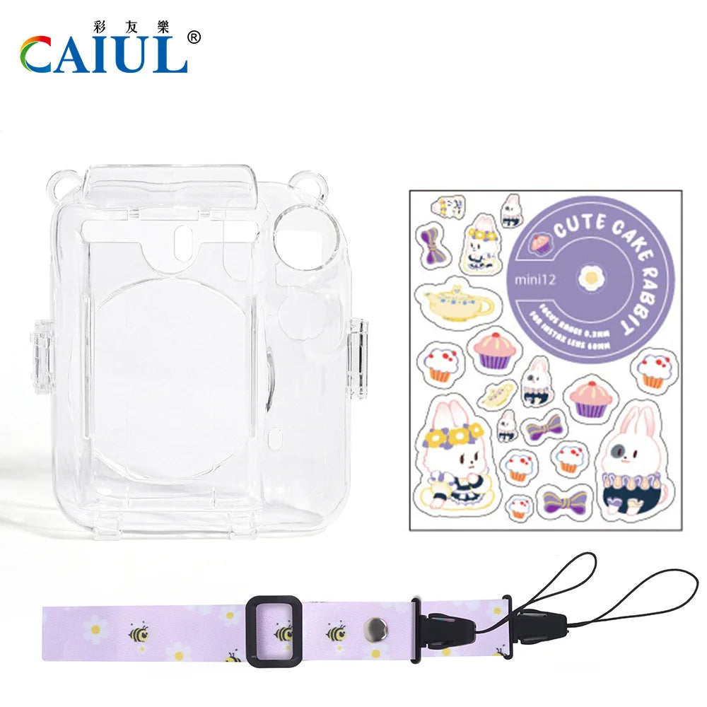 For Fujifilm Instax Mini 12 PC Transparent Camera Case Protection Cover Shoulder Strap Storage Bag Strap Sticker Three-Piece Set