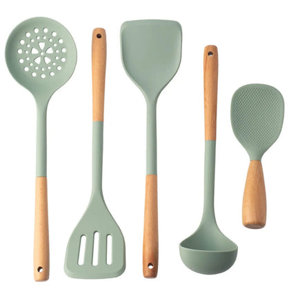 Silicone Kitchen Utensils Spatula Shovel Soup Spoon Cooking Tool Non-Stick Long Wood Handle Kitchen Gadgets