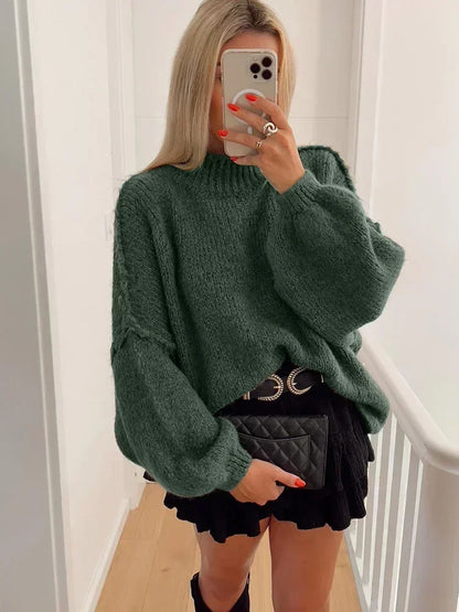 Fashion Round Neck Knitted Jumper For Women 2024 Autumn Long Lantern Sleeve Sweater Female Hight Street Warm Lady Chic Pullover