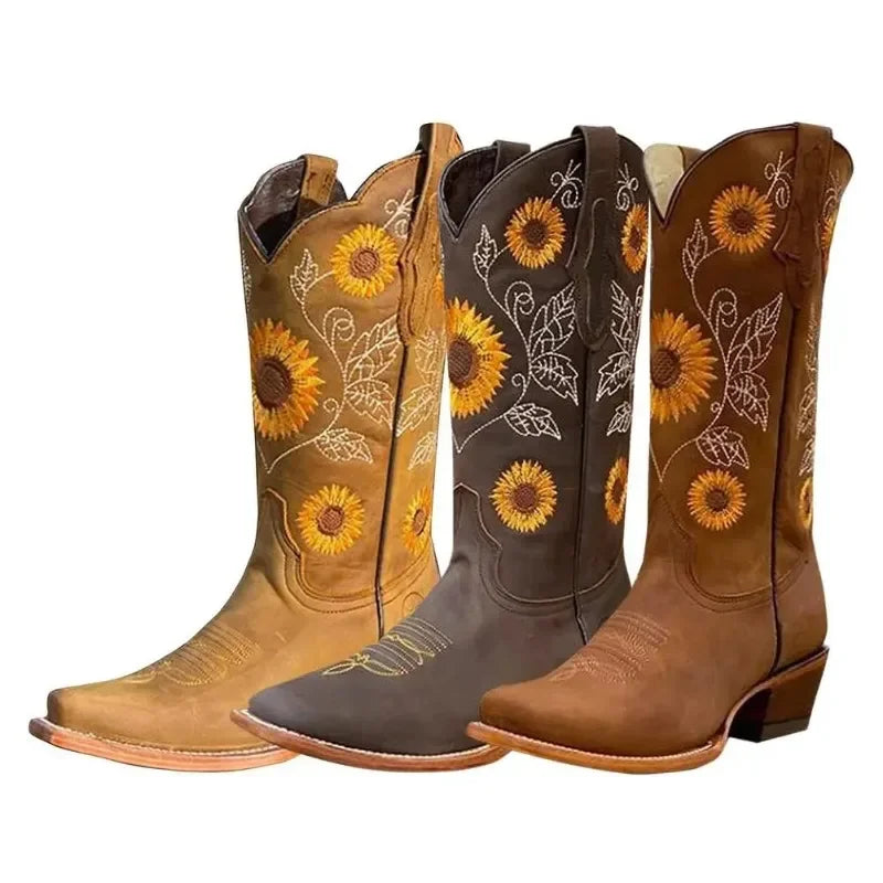 New Women Coffee Brown Embroidery Boots PU Leather Printed Western Cowboy Boots Deep V-mouth High Tube Casual Boots Classic