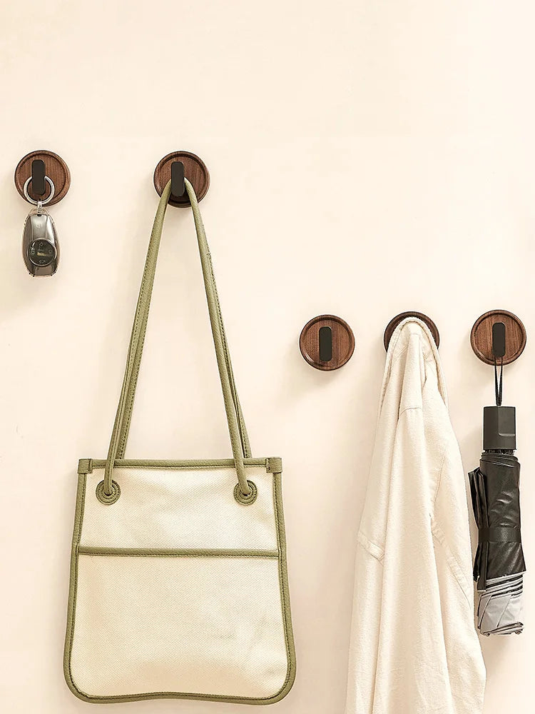 Walnut Wood Coat Rack Hooks  Black Wall Hangers for Hanging Keys, Clothes, Bathroom Robe and Towels  and Entryway， No Drilling