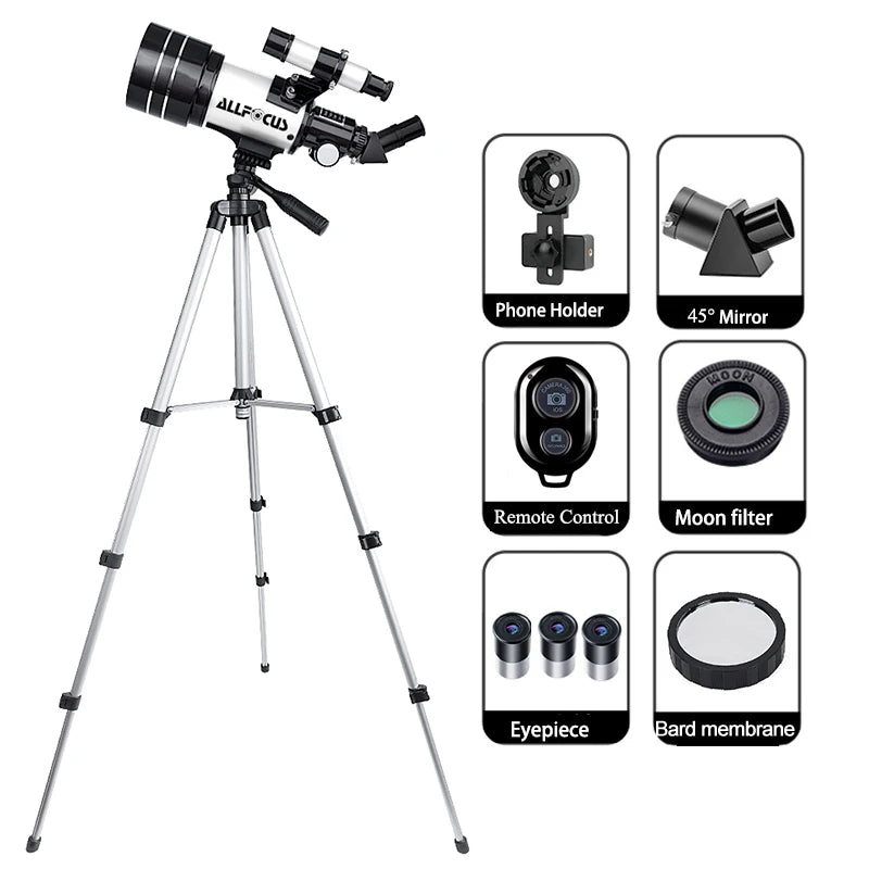 ALLFOCUS 150X Astronomical Telescope , 70mm Aperture Refractor Portable Travel Telescope with Phone Adapter &Wireless Remote