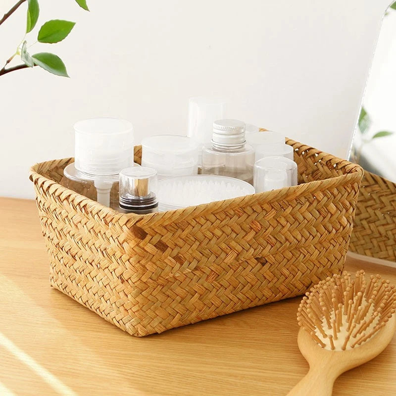 Woven Seagrass Storage Baskets Straw Rattan Basket Desk Organizer Picnic Basket Fruit Storage Box Cosmetic Storage Container