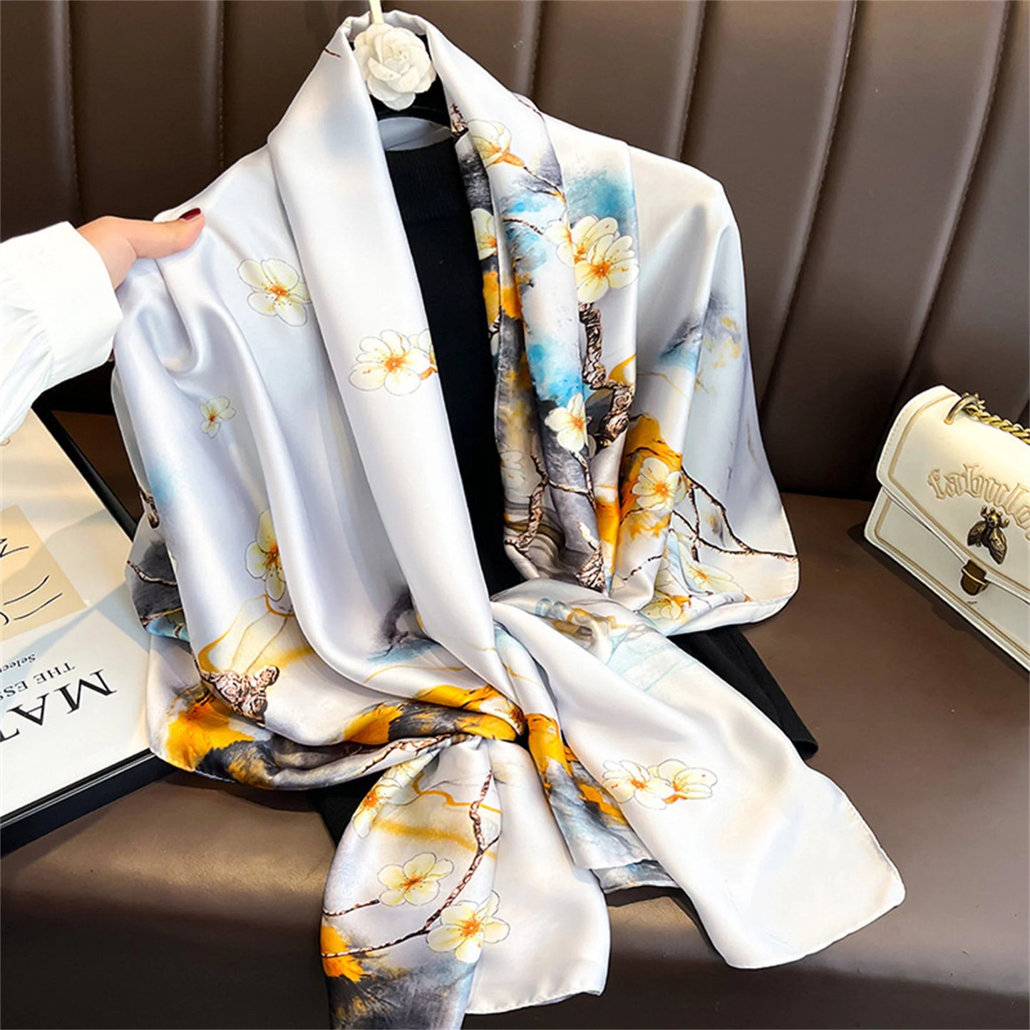 Women Fashion Print Silk Scarf Luxury Brand Warm 180X90CM Scarves Popular Lrage Satin Finish Shawl The Four Seasons Design Hijab