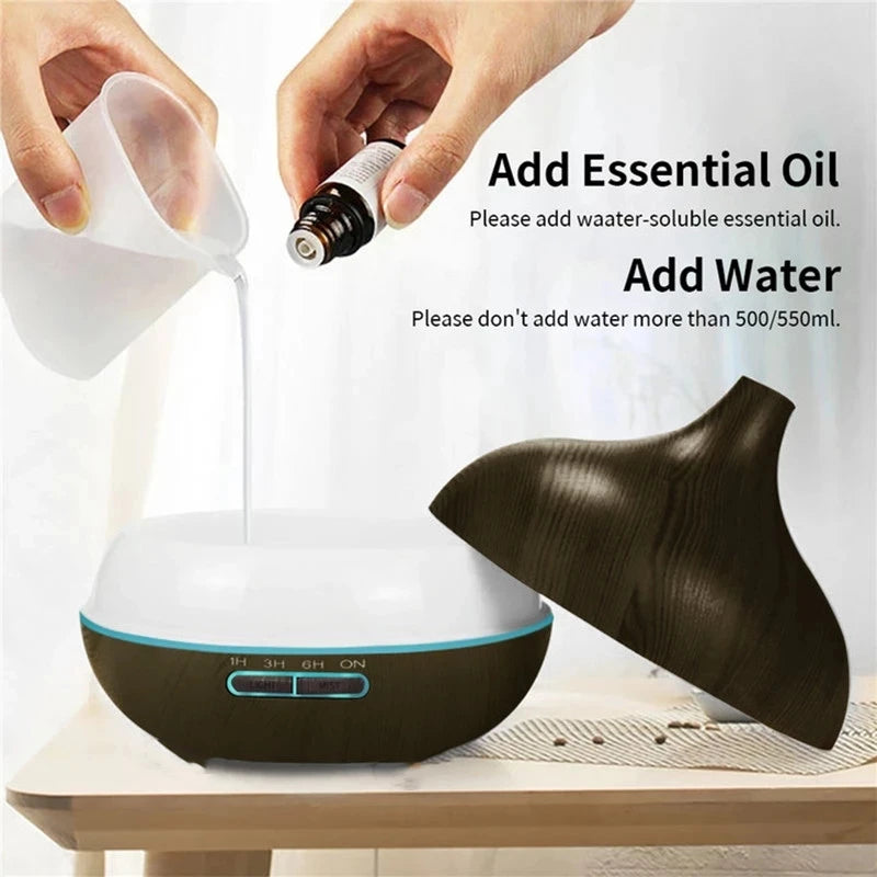 550ml Wood Color USB Aroma Diffuser, Essential Oil Diffuser with 7 Color LED Lights & Remote Control, USB Powered Air Humidifier