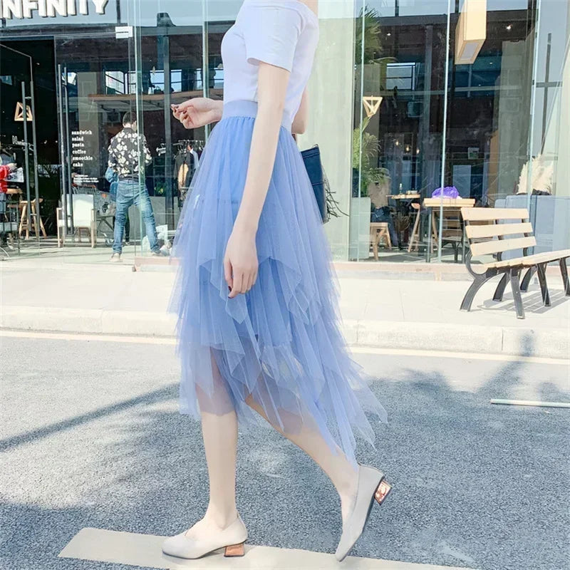 Fashion Summer Tutu Women Skirt Harajuku Tulle Bottom Faldas Casual High Waist Midi Mesh Skirts Woman Clothes Saia Jupe Femme