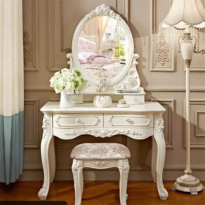 European Dressers Vanity Table Set with Mirror White Makeup Desk with Drawers  Stool - Small Wood Dressing Table for Bedroom