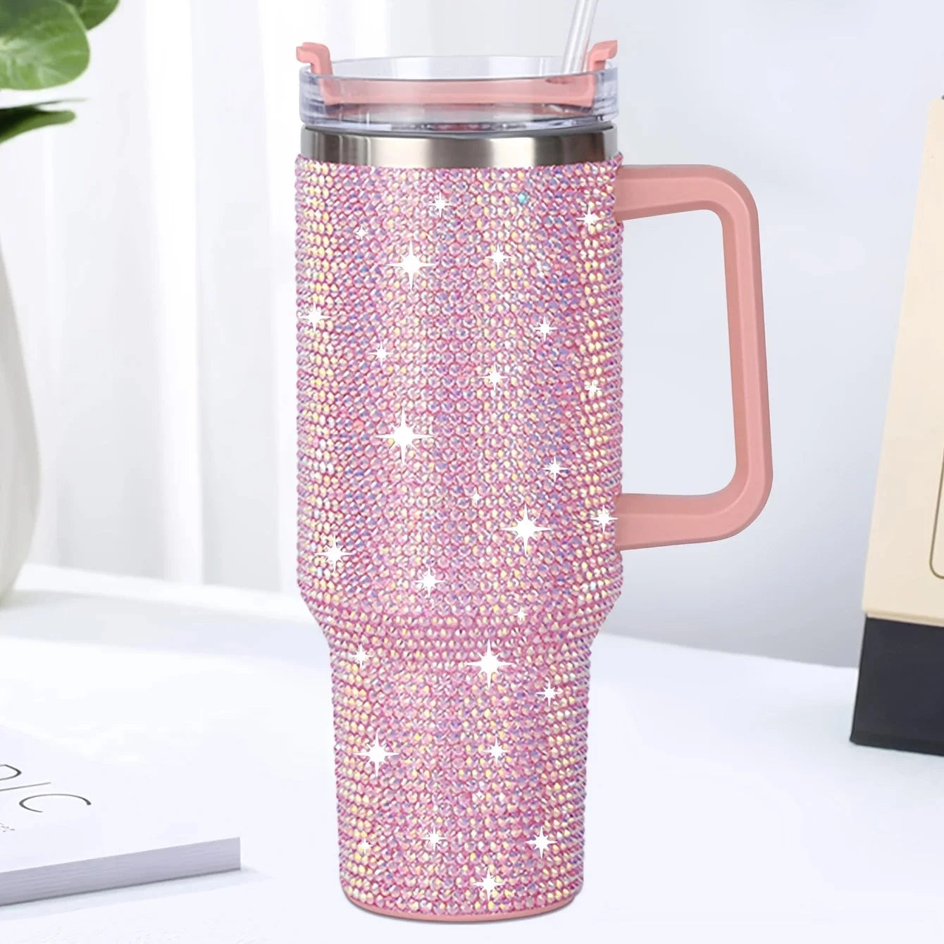 40oz Shiny Diamond Shiny Diamond Tumble Coffee Insulation Cup Stainless Steel Car Bottle Straw Large Capacity Rhinestone Cup