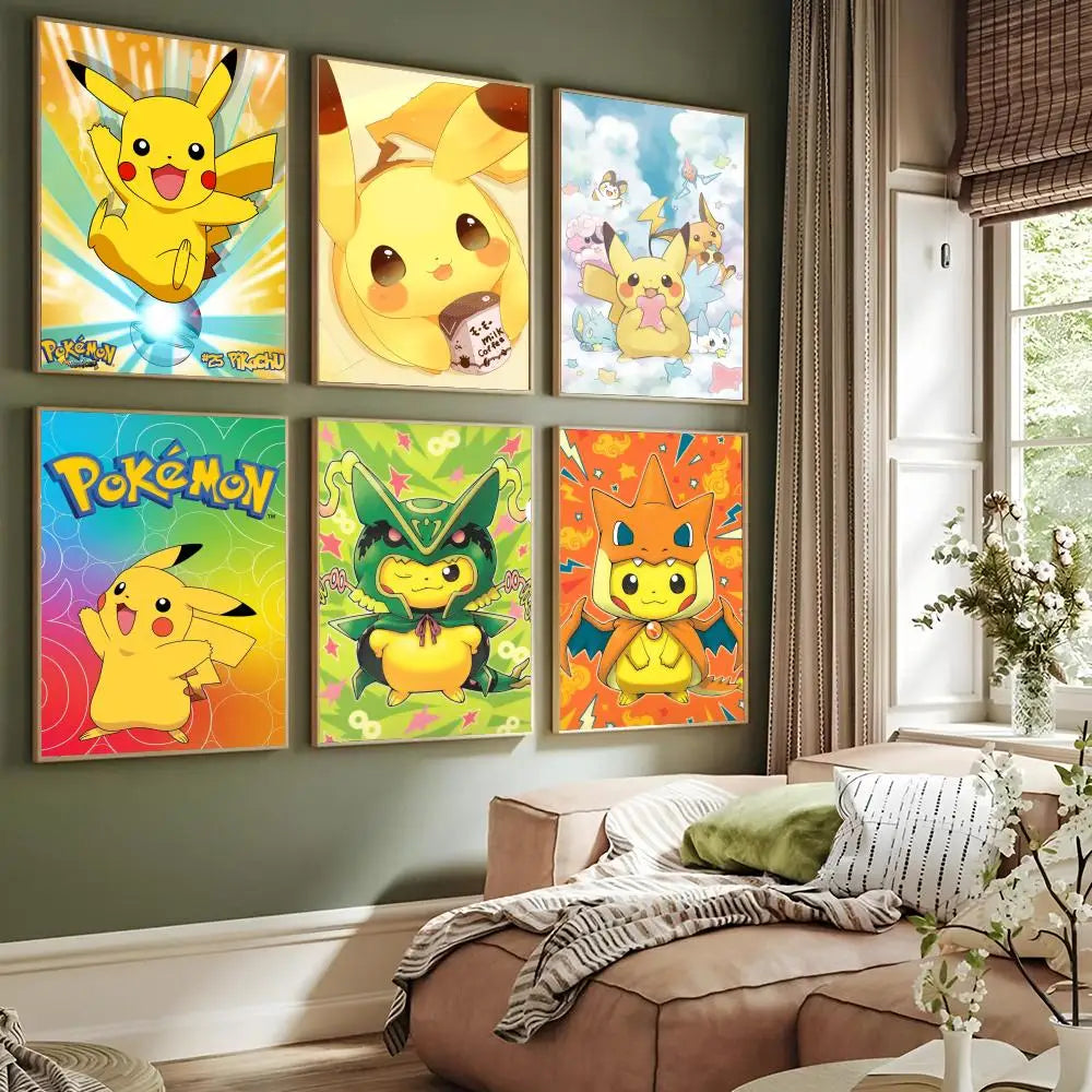 1PC Pokemon Pikachu Painting Cartoon Print Poster Paper Waterproof HD Sticker Bedroom Entrance Home Living Room Bar Wall Decor