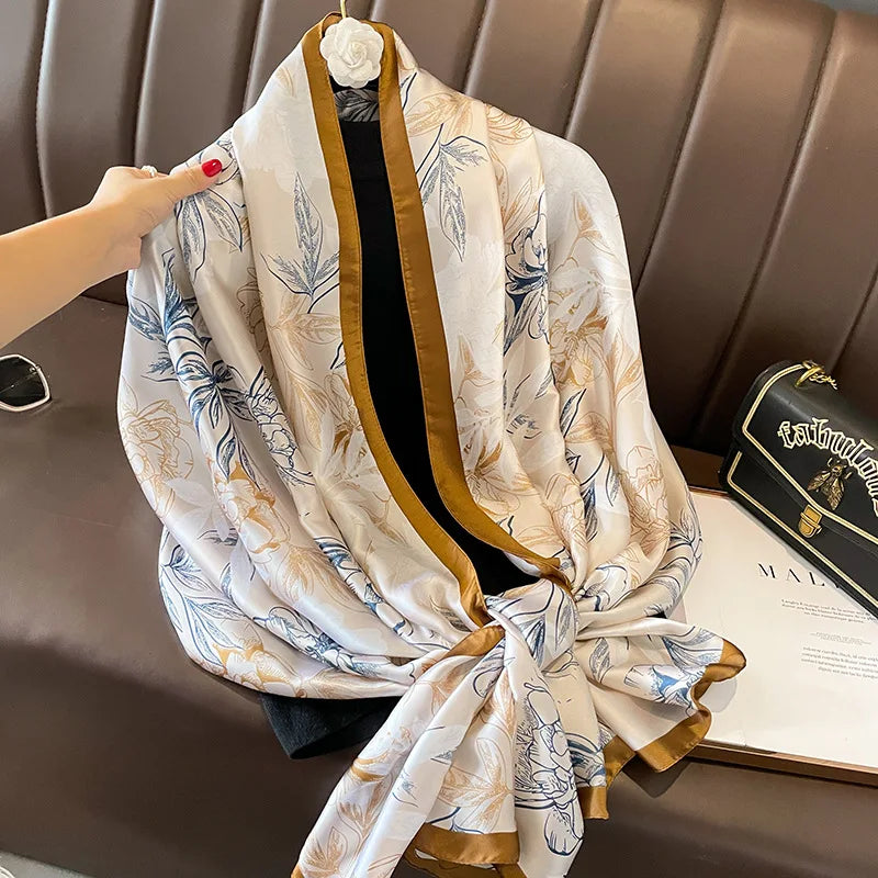 Women Fashion Print Silk Scarf Luxury Brand Warm 180X90CM Scarves Popular Lrage Satin Finish Shawl The Four Seasons Design Hijab