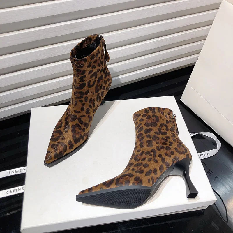 Leopard Print Women Ankle Boots Fashion Elegant Dancing Party Prom Shoes High Heel Women's Modern Short Booties