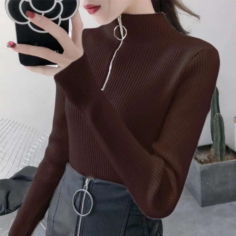 Knitted Women Zipper Half High Neck Sweater Pullovers Autumn Winter Basic Women Sweaters Slim Solid Knitwear Pull Femme Tops