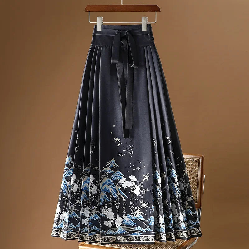 Maxi Chinese Style Horse Face Skirts Women Hanfu Vintage Harajuku Saia Casual Long Print Pleated Skirt Woman Clothing Faldas