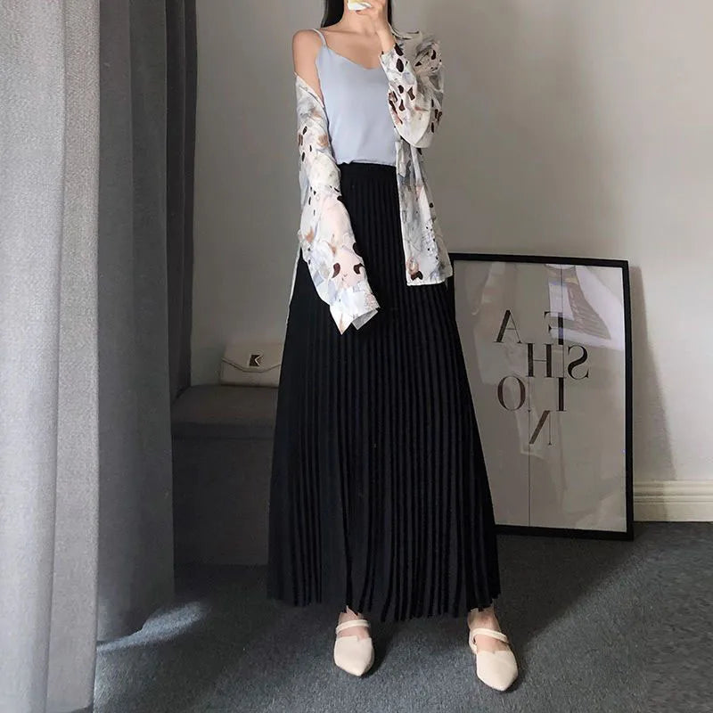 Spring Autumn Women's Pleated Skirts Korean Fashion High Waist Office Lady Long Skirt New Solid Color All-Match A-Line Skirts