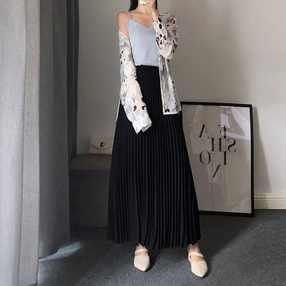 Spring Autumn Women's Pleated Skirts Korean Fashion High Waist Office Lady Long Skirt New Solid Color All-Match A-Line Skirts