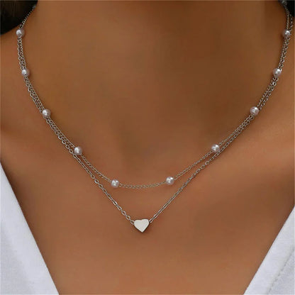 Simple Pearl Choker Necklaces for Women Fashion Double Layer Chain Small Love Heart Pendant Necklace Jewelry Gift Wholesale