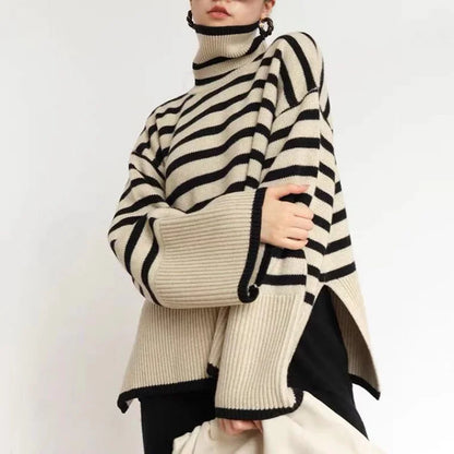 Women's Striped Turtleneck Sweater2023New Autumn and Winter Loose Design Niche Knitwear Pullover Coat