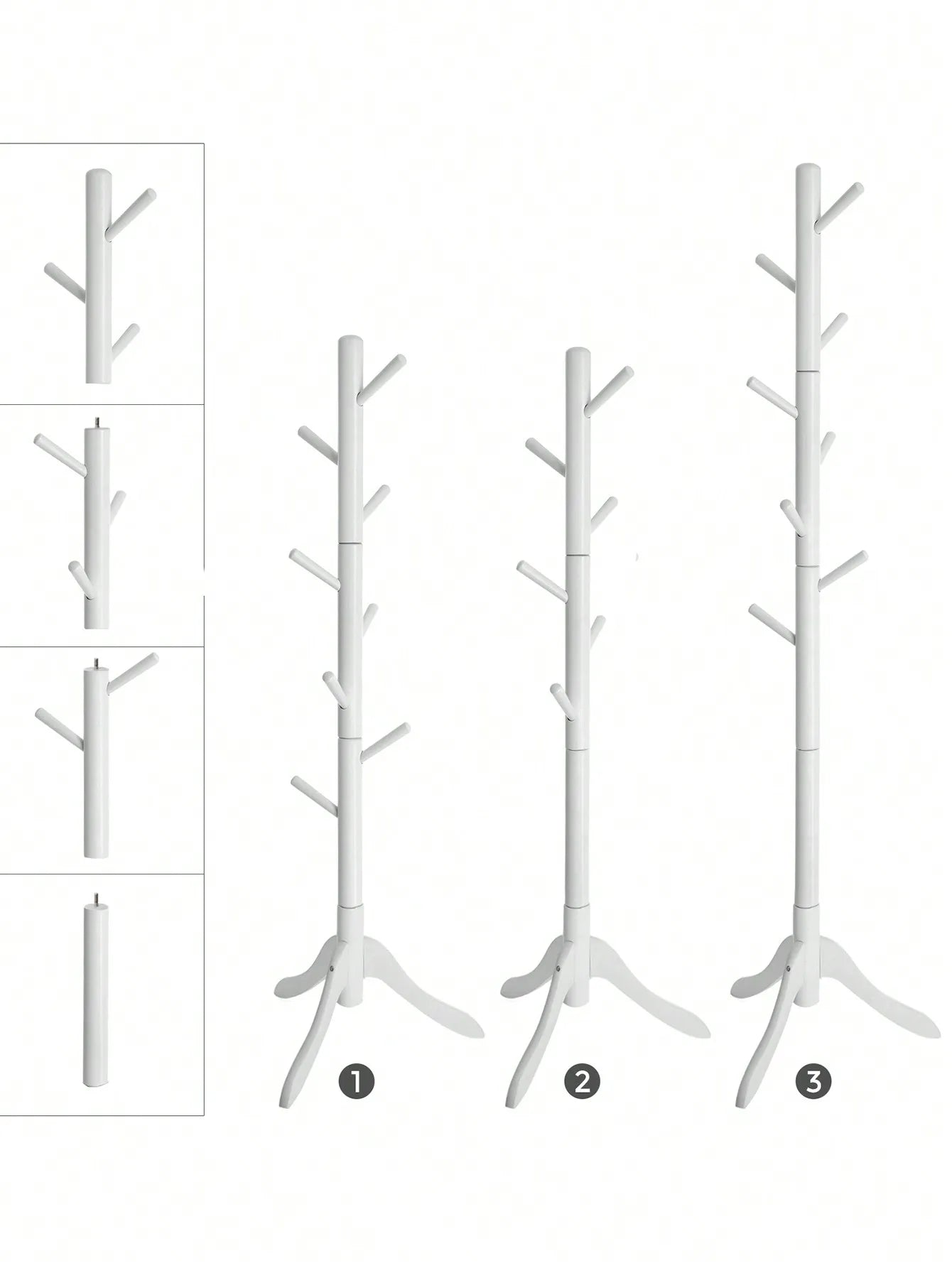 VASAGLE Standing Coat Rack: Solid Wood Tree-Shaped Rack with 8 Hooks, 3 Heights. For Clothes, Hats, Bags. Living Room, Bedroom