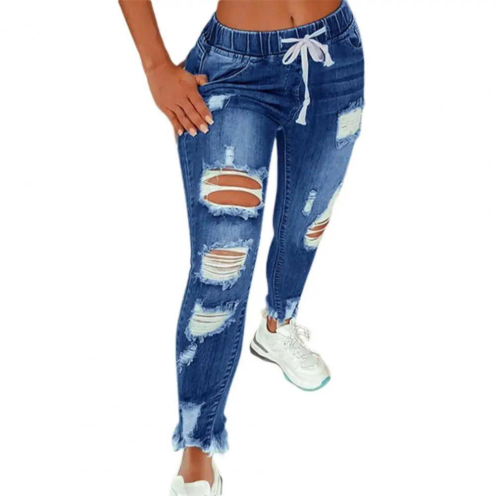 Stretchy Ripped Hole Jeans Women 2024 Straight Denim Trousers Female High Waist All-Match Casual Denim Pants New Streetwear