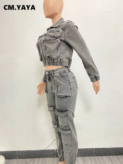 CM.YAYA Fashion Denim Women's Set Pocket Front Jacket and Pocket Cargo Jeans Pants 2024 Street Two 2 Piece Sets Outfit Tracksuit