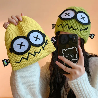 Kpop Cute Cartoon Cuff Beanie Cap Women's Candy Color Big Eyes Smile Skullies Hat Fashion Streetwear Student Warm Winter Knitted