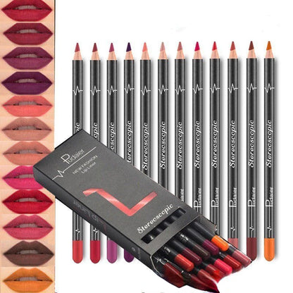 12Pcs/Set Waterproof Pencil Lipstick Set Pen Matte Lip Liner Long Lasting Makeup Pens Easy to Wear Non-stick Cup Cosmetics Kits