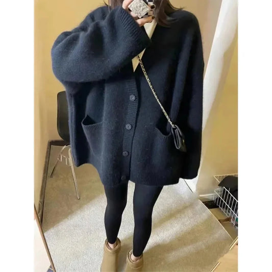 Black Knitted Cardigan Sweater Jacket Women's Early Spring 2024 New Loose Fit Idle Style Top For Women Crew Neck Pullovers