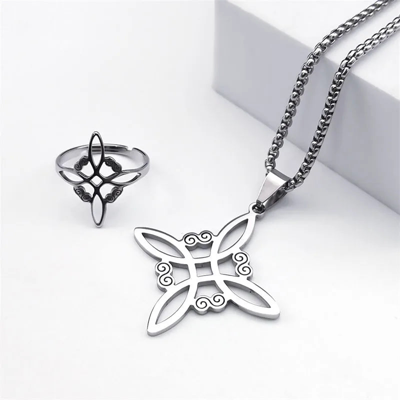 Stainless Steel Jewelry Set Witchcraft Witch Celtic Irish Knot Pendant Necklace Fashion Earring Bracelet Ring nudo de bruja