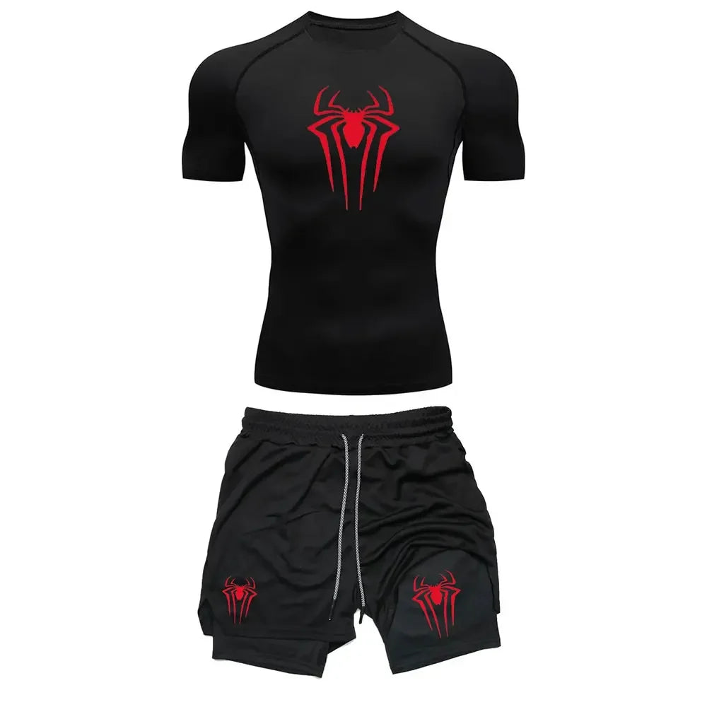 Men's Workout Compression Set Y2K Spider Printed Gym Tshirts Breathable Running Shorts Quick Dry Sports Rash Guard Sportwear Set