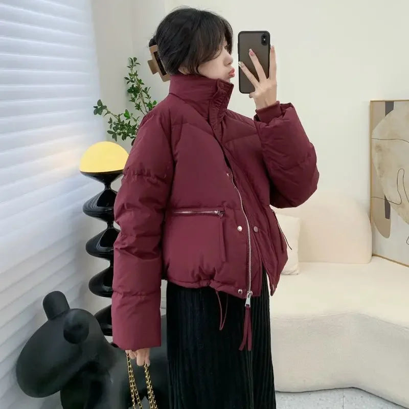 Korean Style Cotton Padded Coat Women's Cropped Stand Collar Fit Puffer Jacket Petite Thickened Warm Autumn Winter Jacket Trendy