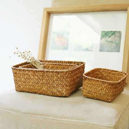 Flower Storage Baskets Seagrass Rattan Basket Woven Straw Storage Box Container Sundries Organizer Snack Store Storage Baskets