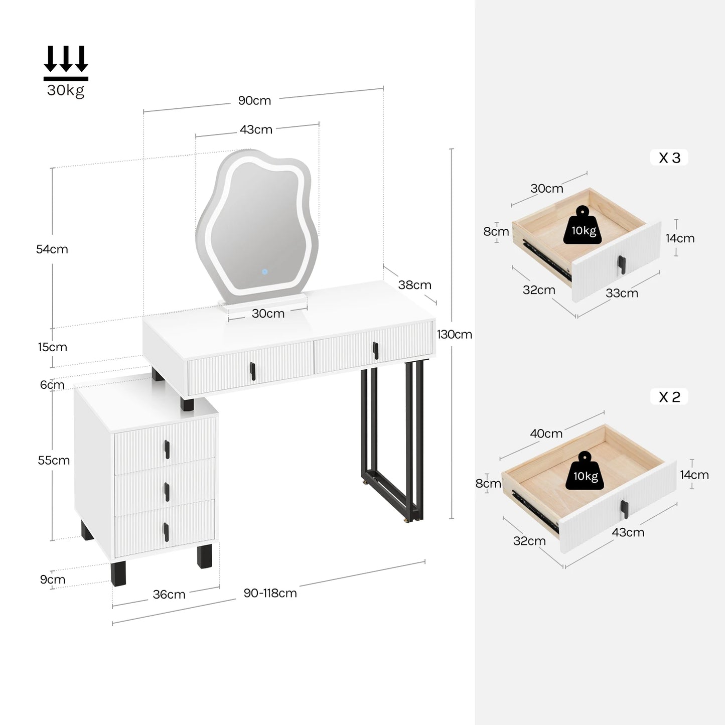 WOLTU Dresser Vanity Dressing Table with Lighting Adjustable Brightness Irregular Mirror 5 Drawers Side Shelf Makeup Desk