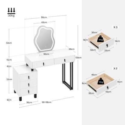 WOLTU Dresser Vanity Dressing Table with Lighting Adjustable Brightness Irregular Mirror 5 Drawers Side Shelf Makeup Desk